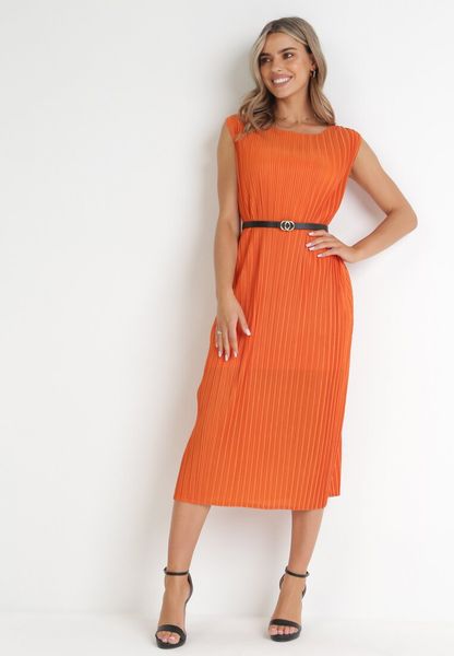 Pomarańczowa Plisowana Sukienka Midi z Paskiem z Imitacji Skóry Sharia. Brązowe sukienki Born2be, l, bez wzorów, ze skóry, eleganckie, bez kołnierzyka, bez ramiączek, midi. Za 139.99 zł.
