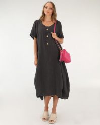 LNIANA SUKIENKA MIDI. Szare sukienki Unisono, l, bez wzorów, z tkaniny, bez kołnierzyka, bez ramiączek, midi. Za 269.00 zł.