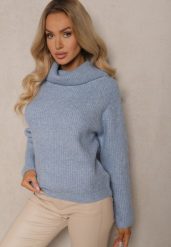 Jasnoniebieski Klasyczny Golf z Wełną i Obszernym Kołnierzem Zemilda. Niebieskie swetry Renee, bez wzorów, z wełny, eleganckie, bez ramiączek. W wyprzedaży za 127.99 zł.