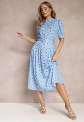 Niebieska Rozkloszowana Sukienka Midi z Gumką w Pasie i Ozdobnym Paskiem z Klamrą Abennita. Niebieskie sukienki Renee, l, z aplikacjami, z materiału, eleganckie, bez kołnierzyka, bez ramiączek, maxi, rozkloszowane. W wyprzedaży za 119.99 zł.
