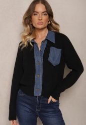 Czarny Rozpinany Kardigan z Wełną Bawełną i Jeansowymi Wstawkami Edelissa. Czarne swetry Renee, bez wzorów, z bawełny, eleganckie, bez ramiączek. W wyprzedaży za 79.99 zł.