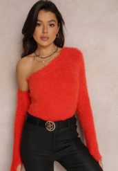 Czerwony Sweter na Jedno Ramię Pholy. Czerwone swetry Renee, s, bez wzorów, casualowe, bez ramiączek. W wyprzedaży za 111.99 zł.