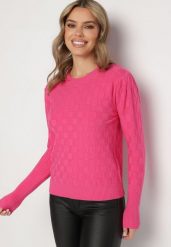 Fuksjowy Sweter z Wiskozą Modalem i Ozdobnym Splotem Jaliti. Czerwone swetry Born2be, m, bez wzorów, z jeansu, wizytowe, bez ramiączek. Za 69.99 zł.