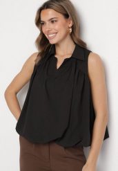 Czarna Bluza Rozkloszowana Oversize z Kołnierzykiem Eridwen. Czarne bluzy Born2be, m, bez wzorów, klasyczne, bez ramiączek, bez kaptura. Za 79.99 zł.