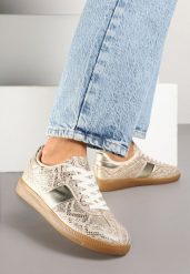 Złote Wężowe Sneakersy Tenisówki w Kultowym Stylu Neolithaen. Żółte trampki Renee, bez wzorów, z jeansu, eleganckie, bez zapięcia. W wyprzedaży za 67.99 zł.