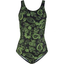 Kostium kąpielowy bonprix oliwkowo-czarny z nadrukiem. Zielone stroje jednoczęściowe bonprix, z aplikacjami. Za 59.99 zł.