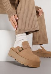 Beżowe Śniegowce na Grubej Podeszwie z Niską Cholewką i Ozdobną Klamerką Vetibela. Brązowe śniegowce Renee, bez wzorów, z jeansu, przed kostkę, bez zapięcia. Za 119.99 zł.