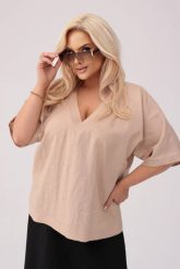 Kimonowa lniana bluzka Ines w kolorze nude PLUS SIZE OVERSIZE XXL. Bluzki Moda Size Plus Iwanek, l, bez wzorów, ze lnu, eleganckie, bez kołnierzyka, plus size, bez ramiączek. Za 239.90 zł.