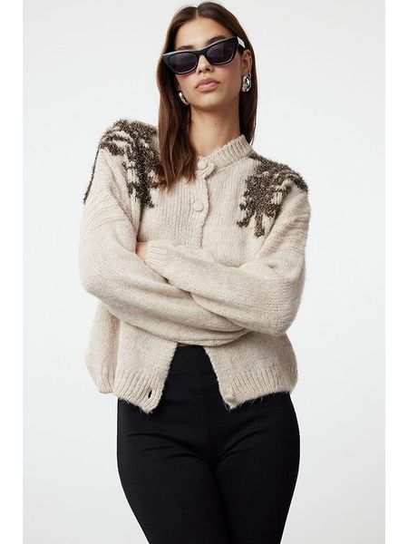 Trendyol Kardigan w kolorze brązowo-beżowym rozmiar: S. Brązowe swetry Trendyol, s, bez wzorów, ze splotem, bez ramiączek. Za 96.37 zł.