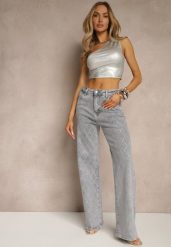 Szare Bawełniane Jeansy o Szerokim Fasonie High Waist z Cyrkoniami Melsedi. Szare jeansy Renee, z aplikacjami, z bawełny, eleganckie, z podwyższonym stanem. W wyprzedaży za 127.99 zł.