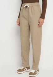 Beżowe Spodnie Bawełniane w Stylu Mom Fit ze Sznurkiem Adenelle. Brązowe jeansy Born2be, bez wzorów, z bawełny. Za 69.99 zł.
