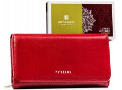 Portfel skórzany Peterson PTN 421077-SG czerwony. Czerwone portfele Peterson, z aplikacjami, ze skóry. Za 222.37 zł.