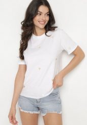 Biało-Beżowy T-shirt z Bawełny w Serca Kolavelle. Białe t-shirty Born2be, l, bez wzorów, z bawełny, klasyczne, bez kołnierzyka, bez ramiączek. W wyprzedaży za 55.24 zł.