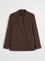 Wiskozowa marynarka dwurzędowa regular fit z domieszką lnu - brązowy. Brązowe marynarki i żakiety Sinsay, l, bez wzorów, z wiskozy, bez ramiączek. Za 79.99 zł.