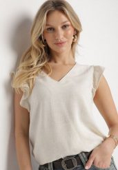 Beżowa Bluzka z Wiskozą i Lnem Ozdobiona Haftem i Falbanami Harivna. Brązowe bluzki Born2be, l, bez wzorów, z jeansu, eleganckie, bez kołnierzyka, bez ramiączek. Za 69.99 zł.