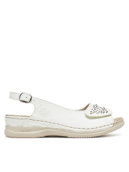 Rieker Sandały V7450-80 Biały. Białe sandały Rieker, bez wzorów, ze skóry, bez obcasa, na płaskiej podeszwie, bez zapięcia. Za 339.99 zł.