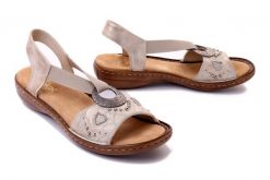 RIEKER 608B9-60 beige, sandały damskie. Brązowe sandały Rieker, bez wzorów, z gumy, bez obcasa, na koturnie, bez zapięcia. Za 289.90 zł.
