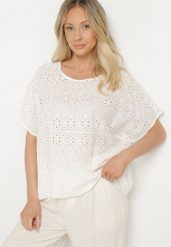 Biała Ażurowa Bluzka z Bawełny Volleira. Białe bluzki Born2be, l, w ażurowe wzory, z bawełny, eleganckie, bez kołnierzyka, bez ramiączek. Za 49.99 zł.