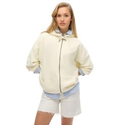 Damska bluza z kapturem zapinana na zamek Superdry Studios. Białe bluzy Superdry, bez wzorów, bez ramiączek, z kapturem. Za 343.30 zł.