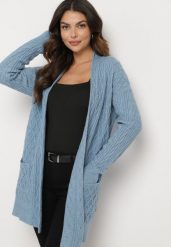 Niebieski Długi Nierozpinany Kardigan z Tłoczeniem Vaithnia. Niebieskie swetry Born2be, bez wzorów, z jeansu, eleganckie, bez ramiączek. Za 69.99 zł.