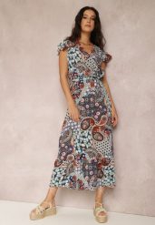 Niebieska Sukienka Hesena. Niebieskie sukienki Renee, na imprezę, l, bez wzorów, z materiału, boho, bez kołnierzyka, bez ramiączek, midi, kopertowe. W wyprzedaży za 35.99 zł.