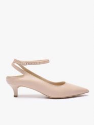 Beżowe czółenka kitten heels ze skóry licowej. Brązowe czółenka Ryłko, bez wzorów, z gumy, biznesowe, bez obcasa, na obcasie, bez zapięcia. Za 429.99 zł.