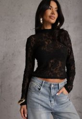 Czarna Bluzka Półgolf z Koronki Dinita. Czarne bluzki Renee, s, bez wzorów, z jeansu, eleganckie, bez kołnierzyka, bez ramiączek. Za 89.99 zł.