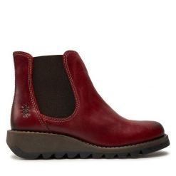 Sztyblety Fly London. Czerwone botki Fly London, bez wzorów, bez obcasa, na płaskiej podeszwie, bez zapięcia. Za 339.99 zł.