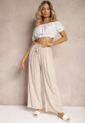 Beżowe Spodnie Palazzo High Waist z Bawełny Wykończone Gumką w Talii Nellsea. Brązowe jeansy Renee, bez wzorów, z bawełny, eleganckie, z podwyższonym stanem. W wyprzedaży za 26.99 zł.