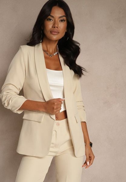 Beżowa Gładka Marynarka z Rękawami 7/8 i Klapami Adylia. Brązowe marynarki i żakiety Renee, m, bez wzorów, z jeansu, biznesowe, bez ramiączek. Za 119.99 zł.