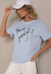 Jasnoniebieski T-shirt Zdobiony Napisem z Brokatem Tezilea. Niebieskie t-shirty Renee, l, z aplikacjami, z jeansu, bez kołnierzyka, bez ramiączek. W wyprzedaży za 27.99 zł.
