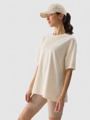 4F T-shirt oversize gładki damski - kremowy L. Brązowe t-shirty 4f, l, bez wzorów, z bawełny, klasyczne, bez kołnierzyka, bez ramiączek. W wyprzedaży za 29.99 zł.