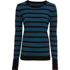 Sweter z dzianiny o gładkim splocie drobnych oczek, z perełkami bonprix niebieskozielono-czarny w paski. Niebieskie swetry bonprix, w paski, z dzianiny. Za 74.99 zł.