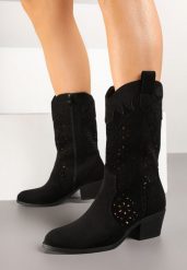 Czarne Ażurowe Botki na Obcasie w Stylu Kowbojek Lissemi. Czarne botki Born2be, w ażurowe wzory, z jeansu, eleganckie, bez obcasa, na obcasie, bez zapięcia. Za 109.99 zł.