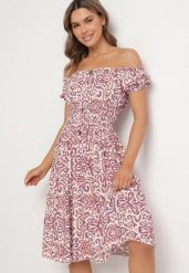 Fioletowa Sukienka z Bawełny w Ornamentalny Wzór z Gumką w Pasie Natirissa. Fioletowe sukienki Born2be, na co dzień, l, bez wzorów, z bawełny, eleganckie, bez kołnierzyka, bez ramiączek, midi, proste. W wyprzedaży za 38.24 zł.