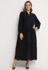 Czarna Rozkloszowana Sukienka z Wiskozy z Koronkowymi Wstawkami Nalanieth. Czarne sukienki Born2be, na co dzień, l, bez wzorów, z koronki, eleganckie, bez kołnierzyka, bez ramiączek, maxi, kopertowe. W wyprzedaży za 144.49 zł.