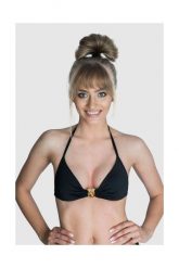 MOSCHINO SWIM Góra od bikini złote metalowe logo. Czarne bikini MOSCHINO, bez wzorów, z poliamidu, biznesowe. W wyprzedaży za 269.99 zł.