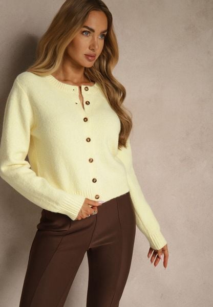 Żółty Prosty Kardigan z Wełną z Okrągłym Dekoltem Reianvela. Żółte swetry Renee, s, bez wzorów, z dzianiny, klasyczne, bez ramiączek. Za 139.99 zł.