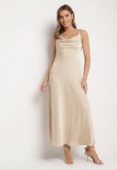 Beżowa Sukienka Vices z Ozdobnym Tyłem i Wiązaniem Zimea. Brązowe sukienki Born2be, na imprezę, l, bez wzorów, klasyczne, bez kołnierzyka, bez ramiączek, maxi. Za 119.99 zł.