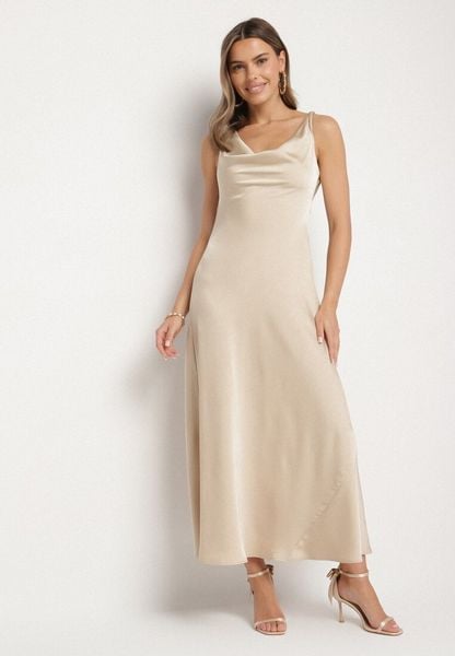 Beżowa Sukienka Vices z Ozdobnym Tyłem i Wiązaniem Zimea. Brązowe sukienki Born2be, na imprezę, l, bez wzorów, klasyczne, bez kołnierzyka, bez ramiączek. Za 109.99 zł.