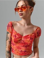 Bluzka z marszczeniami - wielobarwny. Bluzki Sinsay, l, bez wzorów, z tiulu, bez kołnierzyka, bez ramiączek. Za 45.99 zł.