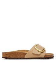 Birkenstock Klapki Madrid Big Buckle Lenb 1024009 Beżowy. Brązowe klapki Birkenstock, bez wzorów, z nubiku, bez obcasa, bez zapięcia. Za 539.99 zł.