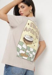 Beżowy Bawełniany T-shirt Typu Oversize z Nadrukiem i Napisem Fillana. Brązowe t-shirty Born2be, uniwersalny, bez wzorów, z bawełny, bez kołnierzyka, bez ramiączek. W wyprzedaży za 50.99 zł.