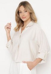 Beżowa Bluzka Wiskozowa Zapinana przy Dekolcie na Guziki z Kołnierzykiem Aserat. Brązowe bluzki Born2be, uniwersalny, bez wzorów, z wiskozy, eleganckie, bez kołnierzyka, bez ramiączek. Za 109.99 zł.