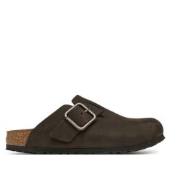 Klapki Birkenstock. Brązowe klapki Birkenstock, bez wzorów, bez obcasa, bez zapięcia. Za 779.99 zł.
