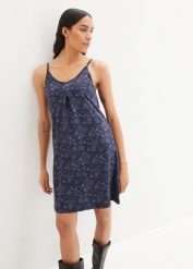 Sukienka shirtowa z nadrukiem. Niebieskie sukienki bonprix, bez wzorów, bez kołnierzyka, bez ramiączek. Za 47.99 zł.