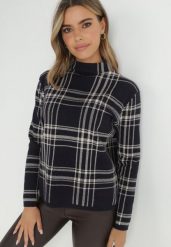 Granatowy Golf Wełniany w Kratę Dorma. Niebieskie swetry Born2be, m, z aplikacjami, z dzianiny, eleganckie, bez ramiączek. W wyprzedaży za 84.49 zł.