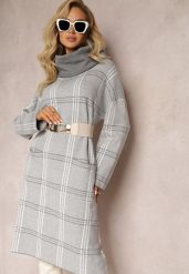 Szara Sweterkowa Sukienka Oversize z Szerokim Golfem Arnca. Szare sukienki Renee, l, bez wzorów, z dzianiny, bez kołnierzyka, bez ramiączek, midi, oversize. W wyprzedaży za 76.99 zł.