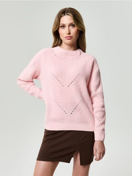 Ażurowy sweter - różowy. Czerwone swetry Sinsay, l, w ażurowe wzory, bez ramiączek. Za 49.99 zł.
