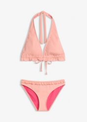Bikini z dekoltem halter i falbanką (komplet 2-cz.). Czerwone bikini bonprix, bez wzorów. Za 54.99 zł.